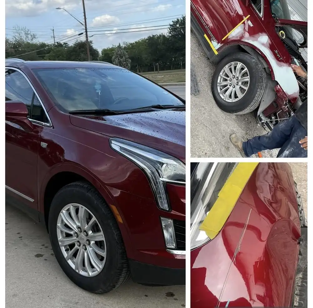 Red Cadillac SUV front fender repair: scratched panel, body filler stage and the finished glossy paint